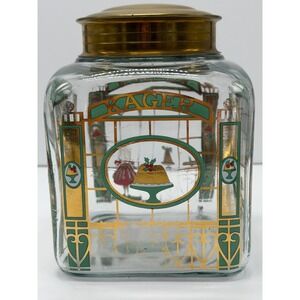 Vintage Art Deco Glass Cookie Jar Brass Lid Multi-Language Cookies Kuchen Green